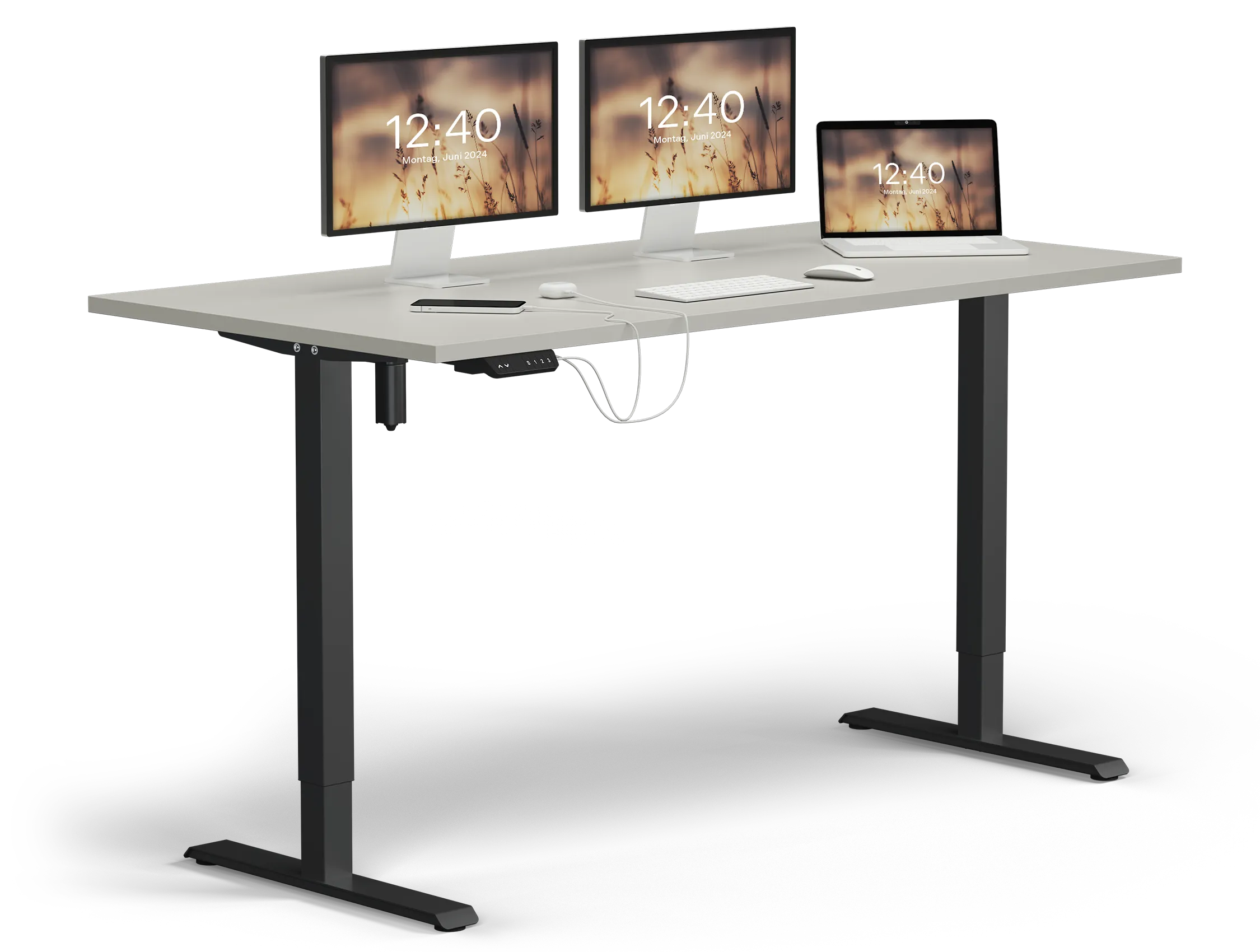 Höhenverstellbarer Schreibtisch Smart Gestell Schwarz Platte Lichtgrau mit Deko