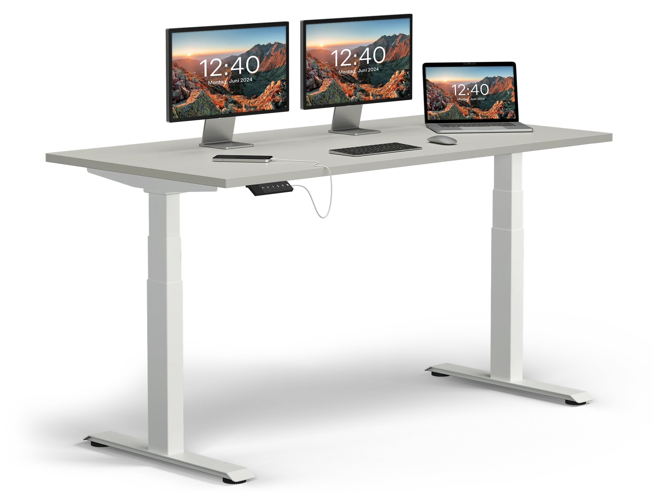Höhenverstellbarer Schreibtisch Pro Gestell Weiß Platte Lichtgrau mit Deko