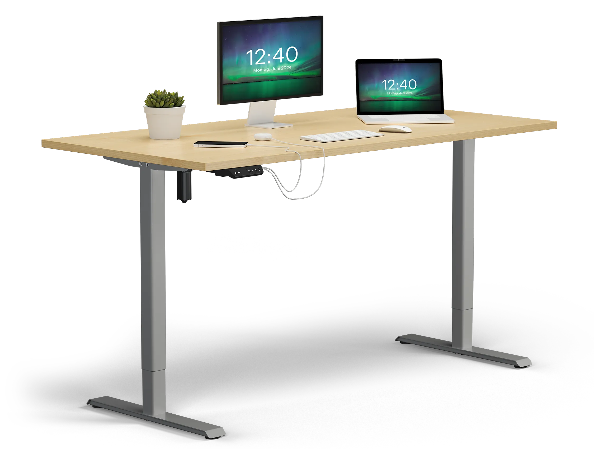 Höhenverstellbarer Schreibtisch Smart Home Gestell Silber Platte Ahorn mit Deko