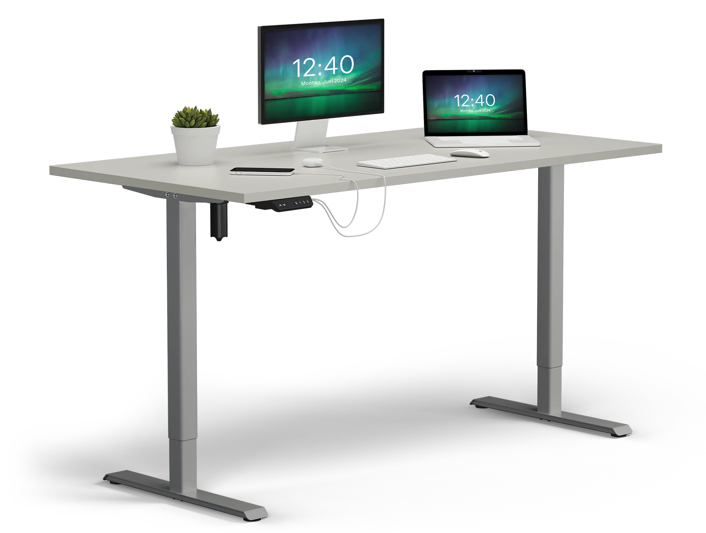 Höhenverstellbarer Schreibtisch Smart Home Gestell Silber Platte Lichtgrau mit Deko